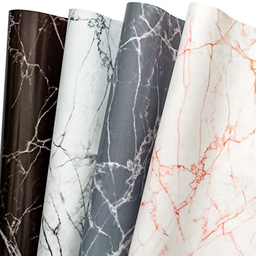 LeZakaa Marmor-Geschenkpapierbogen – 12 Blatt mit Weiß/Rosa/Grau/Schwarz 4 verschiedenen Farben Design für Vatertag, Abschlussfeier, Kinder, Jungen, Mädchen Geburtstag – 69,8 x 49,8 cm pro Bogen