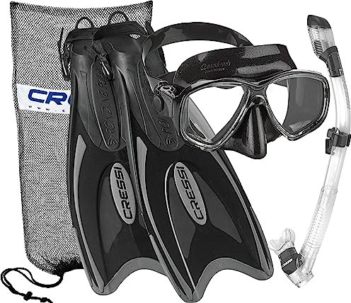 Cressi Italienisches Design Premium gehärtete Glaslinse Scuba Schnorchel Maske, Trockenschnorchel, Palau Lange Verstellbare Schnorchelflosse, Schnorchelset mit Tragetasche für Damen und Herren