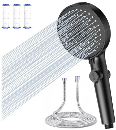 Pommeau de Duche Filtre avec Tuyau 1,5M, Pommeau de Douche Anti Calcaire avec 5 Modes de Jet, Pommeau Douche Haute Pression avec Bouton Arrêt, Pression d'eau Bien Pour Se Laver Les Cheveux-Noir