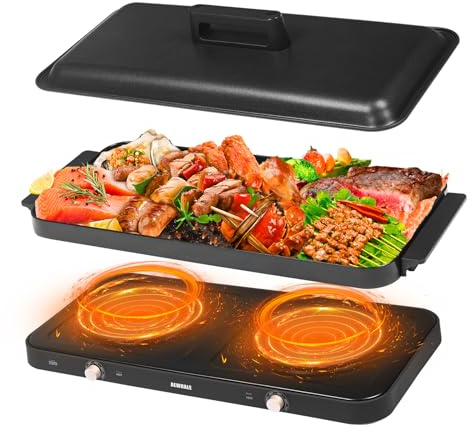 AEWHALE Portable Double Electric Burner with Removable Cast Aluminium Griddle Pan Non-stick,1800 W Hot Plate for Cooking, Independent Temperature Control for Family Party