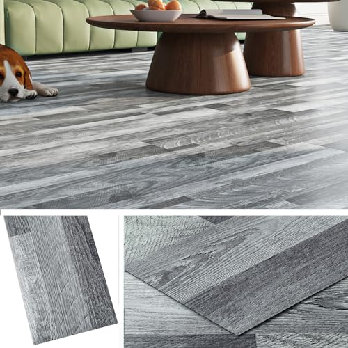 Livelynine Dicke PVC Bodenbelag Selbstklebend Holzoptik Grau 90x15 Wasserdicht Vinylboden Selbstklebend Badezimmer Küche Linoleum Bodenbelag Selbstklebende Holzoptik PVC Boden Selbstklebende, 18 Stück