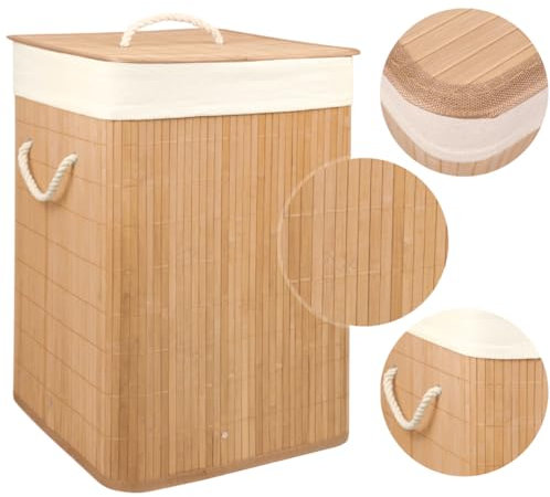 Cesto de Bambú con Tapa para la Ropa Sucia Compartimento Cubo Colada Lavanderia Plegable con Asa de Cuerda Cesta de Almacenamiento Organizador Cubierta Bolsa Extraíble Laundry Basket (Cuad. M Natural)