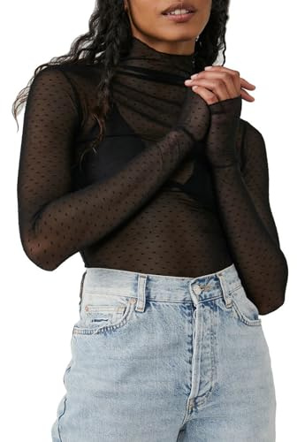 XIXIMAON Haut Transparent Femme Top Moulant Sexy Blouse en Dentelle Tulle à Manches Longues Col Montant pour Soiée Club (Noir, M)