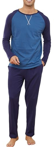 Reliwel Herrpyjamas lång pyjamas bomull tvådelad långärmad och pyjamasunderdel set med fickor sommar lätt mjuk, BLÅ, M
