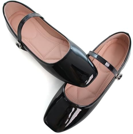 WENJIAZHIZHI Patent Leather Mary Jane Flats Square Toe Slip-on Black 8.5
