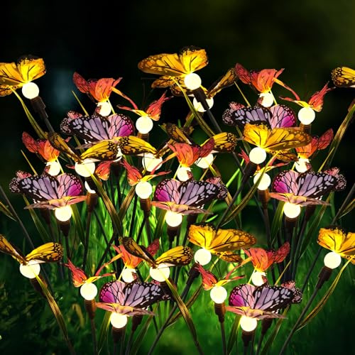 Schmetterling Glühwürmchen Solarlampen für Außen Garten, 2 Stück 10LED Schmetterling Glühwürmchen Solarleuchten Solar Garten Licht, IP65 Wasserdicht Solarleuchten für Hof, Terrasse, Gehweg Dekoration