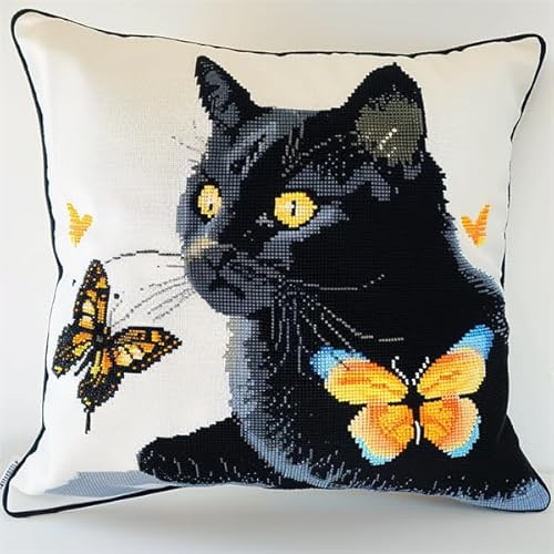 Henypt Kit Coussin Point de Croix Chat Coussin à Broder Artisanal 45X45cm Coussin Brodé avec Fil et Aiguille à Broder Décoration Point de Croix Complet Broderie Pré-imprimé DIY pour Adulte la Chambre