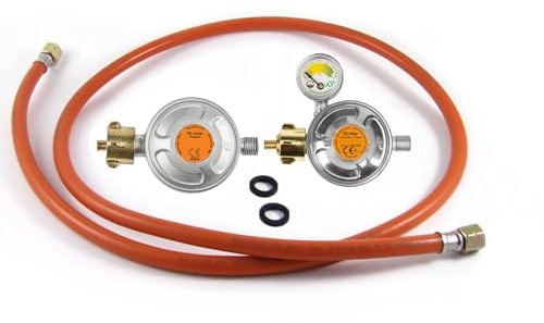 Gasschlauch Druckregler Druckminderer Manometer Gasgrill 50mbar 3 Größen (Gasschlauch 200 cm + Druckregler mit Manometer)