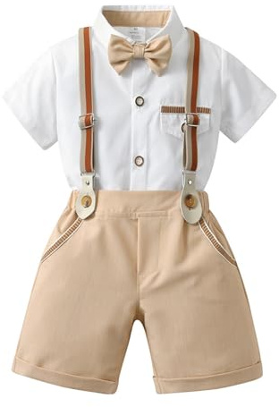 Volunboy Baby pojkar kostym, kortärmad skjorta med fluga hängslen shorts sparkbyxor sommarkläder set, kaki, 3-4 År
