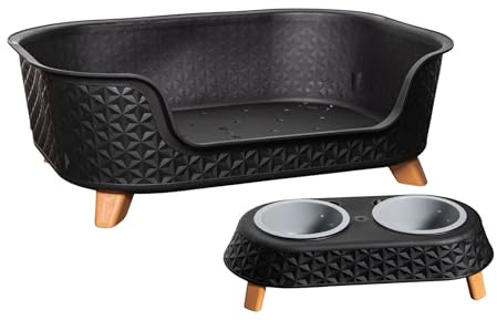 Samuel ALEXANDER 77cm x 58cm Black Plastic Raised Pet Basket with Legs and Black Plastic Double Pet Bowl Feeder with Stand Set