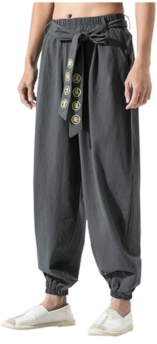 Finelylove Mens Casual Cotton Linen Pants Chinese Style Kung Fu Martial Arts Pants Tai Chi Baggy Harem Trousers