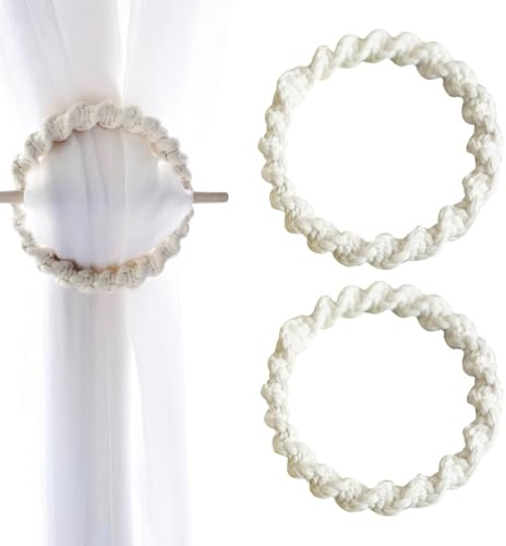 FloralGrace 2 Stück Vorhangseil Mit Holzstab Vorhang Raffhalter Seil Clip Curtain Rope Gardinenhalter Für Vorhänge Handgewebt Baumwolle Vorhanghalter (Beige)