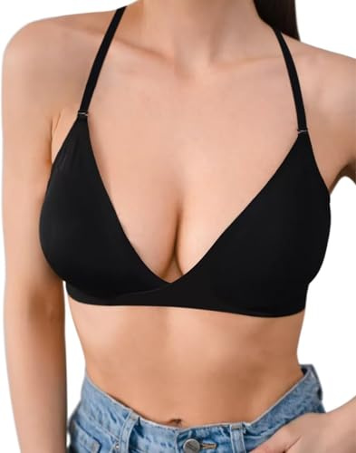 Soutiens-Gorge Triangle sans Fil pour Femmes V Profond Bretelles Amovibles réglables Soutien-Gorge Femme(D457HS,Black,S)