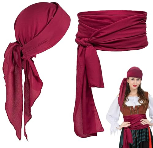 AUNGKWANG 2 Stück Durag with Long Tail, Piraten Bandana und Piraten Hüfttuch, Unisex Durag Men Silk Pirate Bandanas with Long Tail and Wide Straps for Men Women Daily Hip Hop Decoration (Rot)