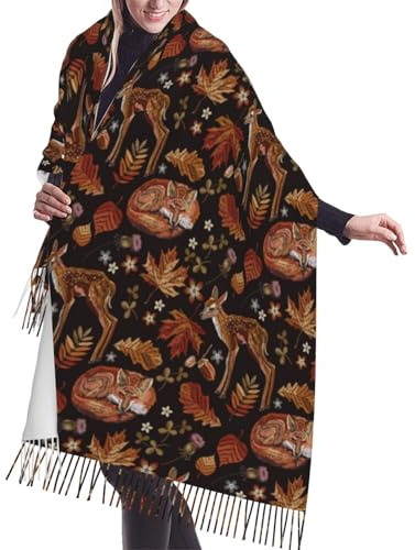 Damen Schal Damen Hirsch Fuchs Ahornblatt Deckenschal Mode Stola Scarf Lange Winterschal Für Damen, Große Weiche Dicke Tücher