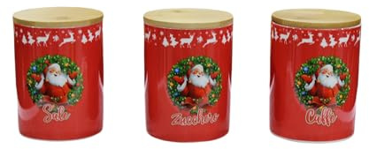 Omniacasa Set di 3 Barattoli Per Natale in Ceramica, Chiusura Ermetica in Bambù, per Sale, Zucchero e Caffè, Rosso con Babbo Natale, Altezza 14 cm Diametro 10 cm.