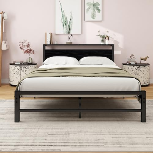 ARFARLY Metal Bed Frame 140 x 200 cm with Wooden Headboard, Metal Bed Frame with Slatted Frame, Guest Bed, Robust Durable, Youth Bed, Easy to Assemble, Black