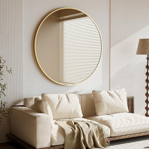 BEAUTYPEAK 106 cm Runder Spiegel, Wandspiegel mit Gold Aluminiumrahmen | Rund Bruchsicherer Badezimmer Spiegel zum Aufhängen und Anlehnen, Wandspiegel für Schlafzimmer, Bad, Wohnzimmer, Tischspiegel