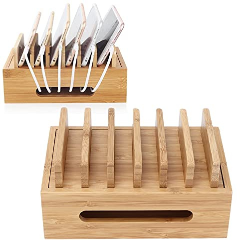Tissting Bambusholz Smartphone Organizer, Bambus Ladestation | Tragbarer Ladestation Mehrere Geräte Kabelbox Handyablage für Mehrere Geräte Ladestation Organizer Schreibtisch