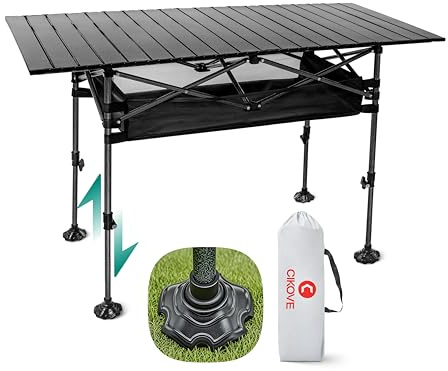 CIKOVE Height Adjustable Camping Table Tall Large Outdoor Folding Camping Table with Wide-Base Anti-Sink Legs & Carry Bag for Camping BBQ Beach Backyard (Black)