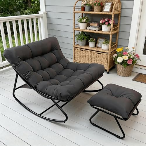 FUOIDYE Schaukelstuhl Schaukelsessel, Schaukelstuhl mit Hocker, Outdoor Lesesessel mit Gepolsterter, Extra Groß Wohnzimmer Relaxstuhl, Belastbarkeit bis 150kg, für Garten Balkon Terrasse (Grau)