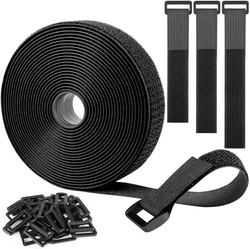 Hook and Loop Straps with 30 Buckles, Adjustable Cable Straps, Free Cut Length, Reusable Nylon Securing Cord Ties for Organizer or Storage (1''x20ft)