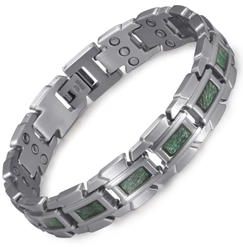 RainSo Herren Magnetarmband,Scorpion Clamp Dreireihiges magnetisches Edelstahlarmband,Wird mit kostenlosem Werkzeug zum Entfernen von Gliedern und einer Schmuckgeschenkbox(Silber und Grün)