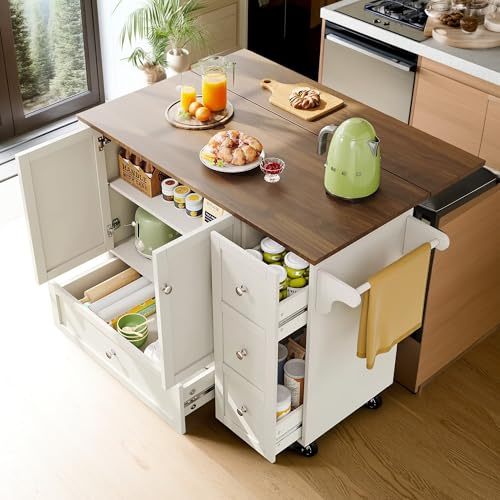 Cayipng Isla de Cocina con Ruedas, Carrito de Madera Extraíble con Toallero, Especiero y Divisores Ajustables, Encimera de Tablero con Veta Natural, Color Blanco - Mueble Auxiliar Multifunción
