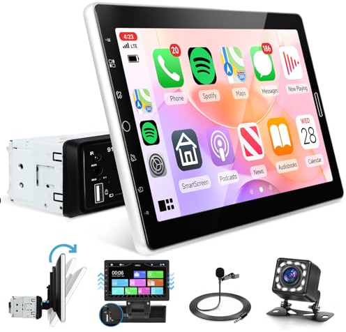 Rimoody Autoradio 1 Din Carplay Android Auto 10.1 Stereo 1 Din con Schermo Rotante con Mirror Link Bluetooth Radio FM EQ AUX/SD/USB Navigazione Online Qualità Audio Lossless SWC Telecamera Posteriore