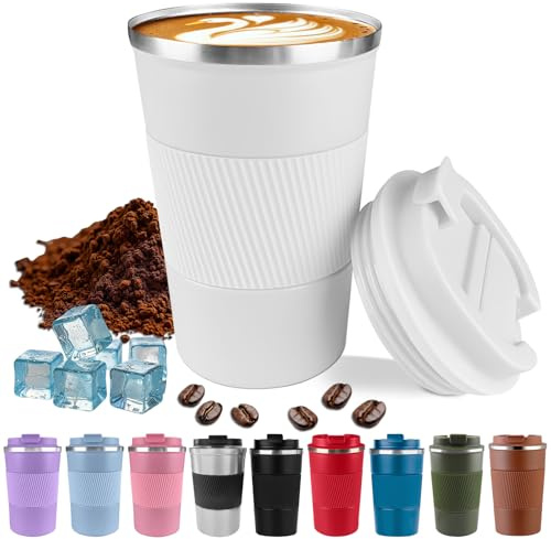Harindiver Insulated Stainless Steel Travel Coffee Mug with Lid, Leak-Proof Reusable Thermal Cup, Double-Wall Vacuum Tumbler Keeps Drinks Hot & Cold for Hours, Portable for Men&Women(3rd-white, 380ml)
