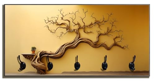 Wallario Wandgarderobe aus Holz in Größe 80 x 40 cm in Premium-Qualität, Motiv: Lebensbaum Skulptur | 5 Kleiderhaken zum Aufhängen