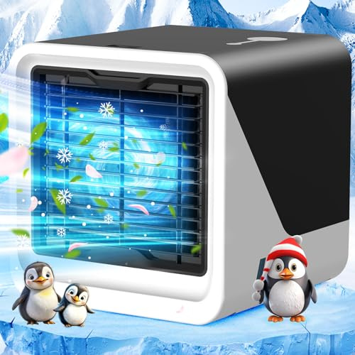 Tragbarer Klimaanlagen-Ventilator, kleiner Verdunstungskühler mit 3 Geschwindigkeiten, persönlicher Kühlung und 7-Farben-Licht für Zimmer, Büro, Camping, Reisen