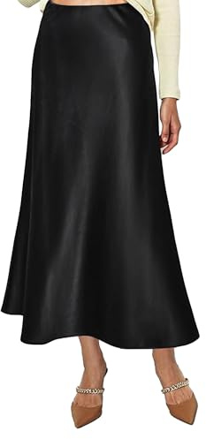 Vossmi Gonna Lunga Donna di Raso Vita Alta Elegante Gonna Midi Seta Gonne Casual con Zip A-Linea Elastica Skirt Plissée en Satin Primavera Nero,L