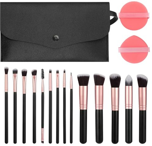 Flintronic Brochas de Maquillaje Profesional, 14 Piezas Juego de Pinceles de Maquillaje, Set de Pinceles de Maquillaje, con cosméticos PU Bolsa, con 2 Soplos Polvo, para Base Polvos Colorete Contorno