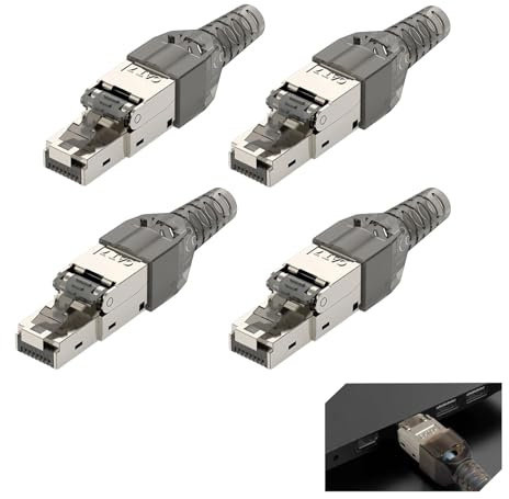 Conector RJ45 CAT 7 Blindado sin Herramientas, Alta Velocidad 10Gbps/600MHz, Conectores RJ45 Reutilizables para Cables de Instalación CAT7 y CAT6A, Compatible PoE, para Redes Ethernet, 4 Unidades