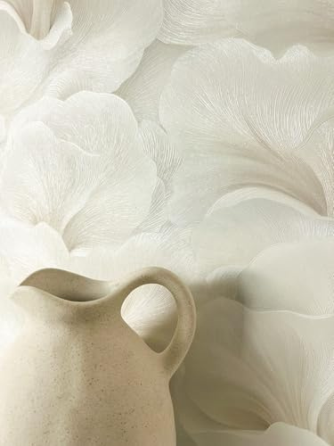 Newroom Vliestapete Beige Blumen Blumentapete Wohnzimmer | cremeweißer Blütenglanz changierend, feine Prägestruktur 3D, Wandtapete Mustertapete floral, Schlafzimmer Flur