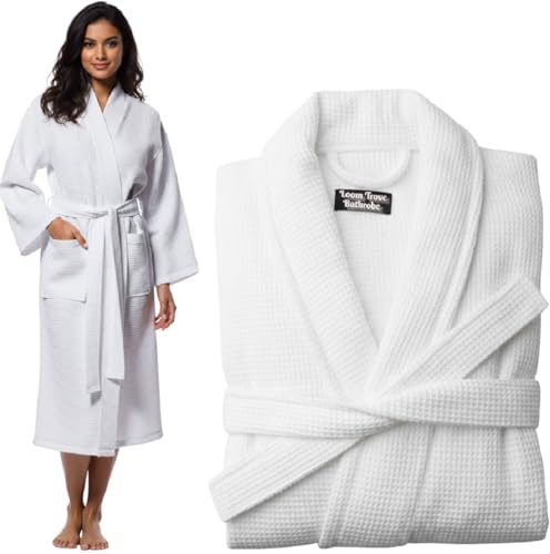 LoomTrove Luxury White Waffle Bathrobe 100% Egyptian Cotton Soft Lightweight Spa-Hotel Quality Men’s Women’s Dressing Gown Nightwear