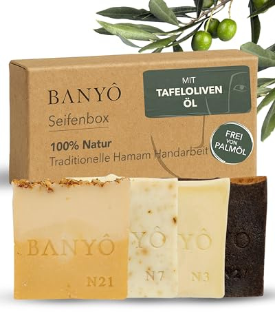 BANYÔ Naturseifen Box | handgemachte Hamamseifen zum Verschenken | Sorten Jasmin Orange, Granatapfel, Traubenkern & Hamam, für Haut, Haare & Gesicht, ideal für alle Hauttypen