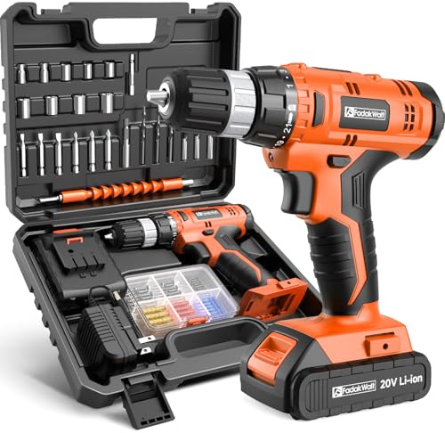 FADAKWALT 20V Cordless Drill Set ，Powerful Drill bit Sets,Torque 30N,21+1 Torque Setting,3/8” inch Keyless Chuck, 40pcs,Electric Drill with 2.0AH Li-Ion Battery and LED Light.
