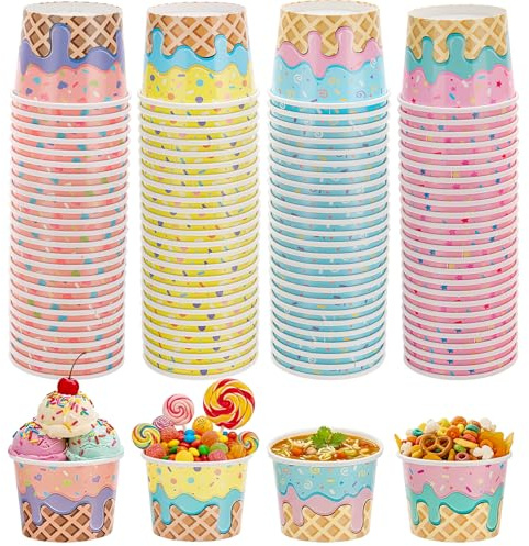 taonganui 100 Stück Eisbecher pappe 8oz /227ml Dessertbechers | Bunte Muster Pappbecher Einweg Dessertbecher für Eis,Frozen Joghurt & Suppe,Auslaufsicher & Stabil,Pappgeschirr Set für Party