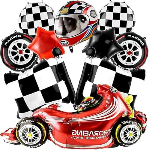 Lukinuo Auto Luftballons 10 Stück Rennwagen Folienballons Dekoration Flagge Helm Autoreifen Ballon Reifen Ballons Racing Cars Folienballons, Rennauto Ballon Cars Themen Party Dekoration für Junge