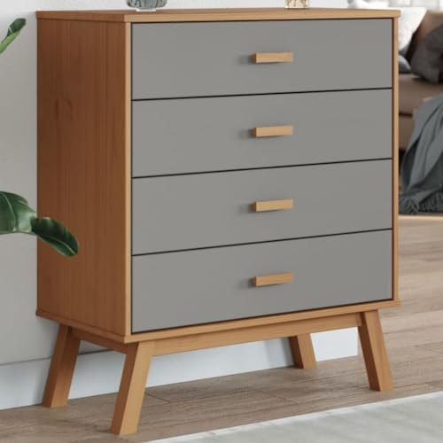 Scandinavian Style Solid Pine Wood Drawer Cabinet with Wax Finish in Grey and Brown, 4 Drawers for Ample Storage, Smooth Sliding Doors, Durable Design and Elegant Aesthetic