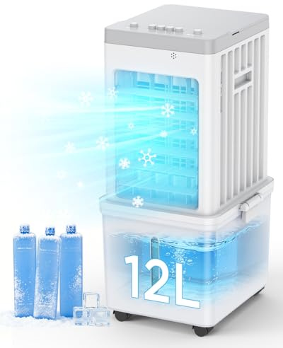 Portable Air Conditioner 12L, 4-in-1 Evaporative Air Cooler, 35dB Quiet Cooling Fan, 3 Speeds & 120° Oscillation, Detachable Water Tank with 3 Ice Packs, Portable Rolling Wheels for Home