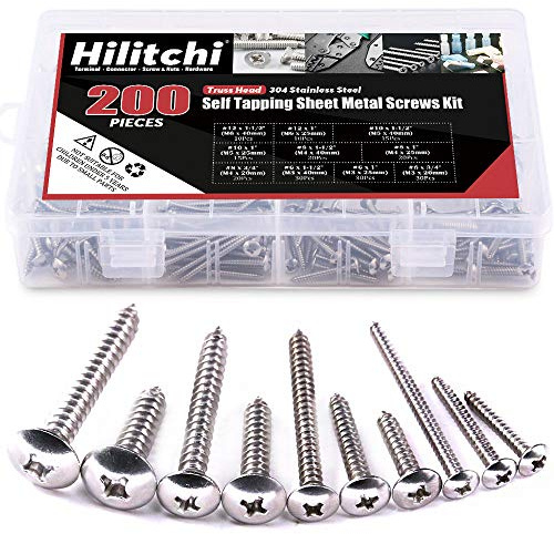 Hilitchi 304 Stainless Steel Hex Washer Head and Phillips Truss Head Self Drilling Sheet Metal Tek Screws Assortment Kit (Phillips Truss Head)
