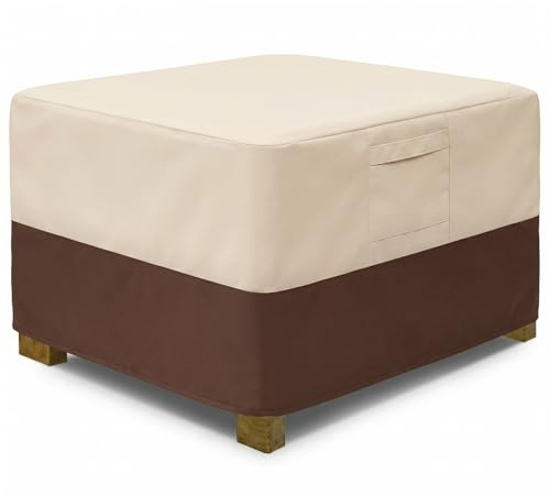 FQQF Vailge Square Patio Ottoman Cover, Waterproof Outdoor Ottoman Cover with Padded Handles, Patio Side Table Cover, Heavy Duty Outdoor Furniture Covers(Medium, Beige & Brown)