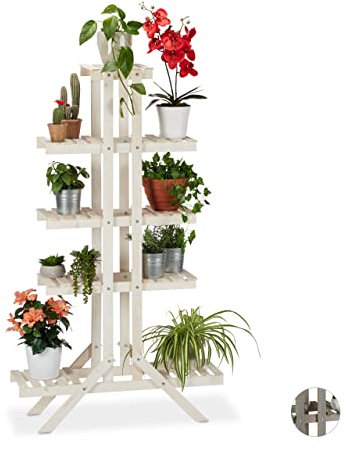 Relaxdays Blumentreppe 5 Stufen, Holz, für innen, freistehend, Shabby-Chic, HxBxT: 142 x 83 x 25 cm, Blumenregal, weiß Fleurs, Étagère Bois, Escalier Plantes, 5 Niveaux, Blanc