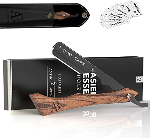 Anthony Brown® Rasiermesser Herren Holzgriff mit Wechselklinge und Etui, Shavette für präzise Nassrasur und Bartkonturen (Schwarz)