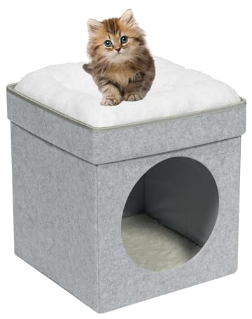 Bonlife Foldable Large Cat Beds for Indoor,Cat Tent Bed House with Two Removable Cushion,Warm Comfortable Semi-Enclosed Hideaway,White,32X32X39CM