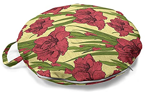 ABAKUHAUS Blume Rundes Bodenkissen mit Griff, Gladiolen Muster, dekoratives Kissen für Wohnzimmer & Schlafsäle, 45 cm, Gelbe Koralle und Grün