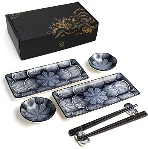 ELUSH Juego de 8 platos de sushi de cerámica de estilo japonés de 10 pulgadas, platos rectangulares de sushi, 2 platos de sushi, 2 platos de salsa, 2 pares de palillos, 2 soportes para palillos